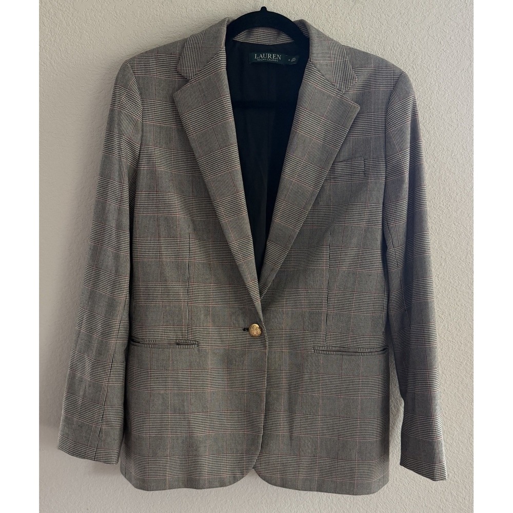 Lauren Ralph Lauren Womens 8 Gray Glen Plaid Blazer Jacket Gold Crest Old Money